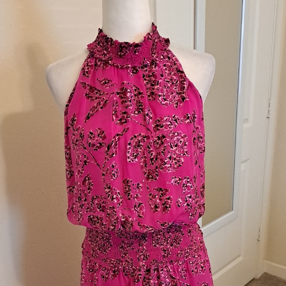 White House Black Market Dress Women’s 10 Pink Floral Burnout Smocked EUC